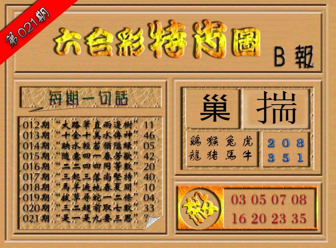 021期六合彩特肖图（B报）[图]